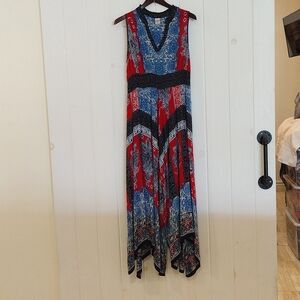 Bila Maxi Dress Size Large Red, White And Blue Handkerchief Hem Length 59"
